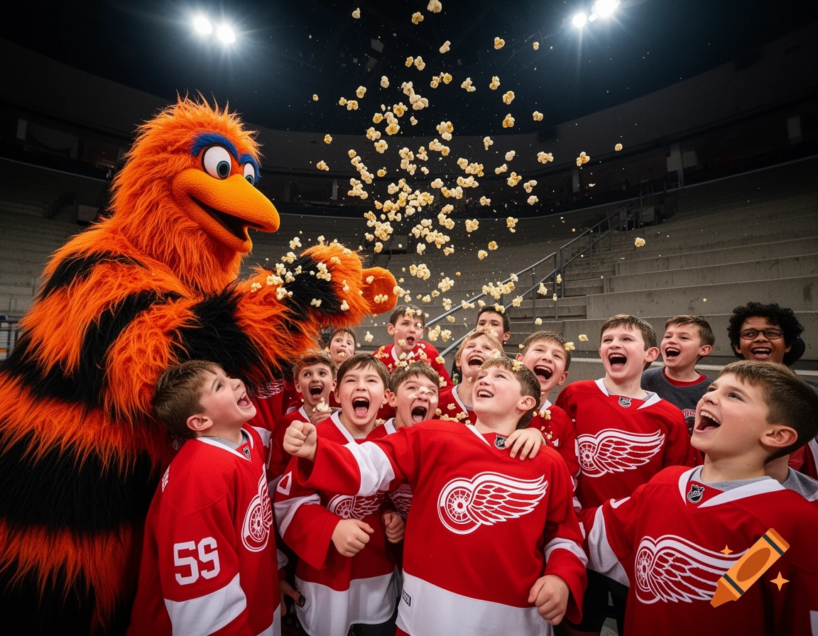 A large orange and black mascot throws popcorn over a group of laughing boys in red hockey jerseys in a dimly lit arena.