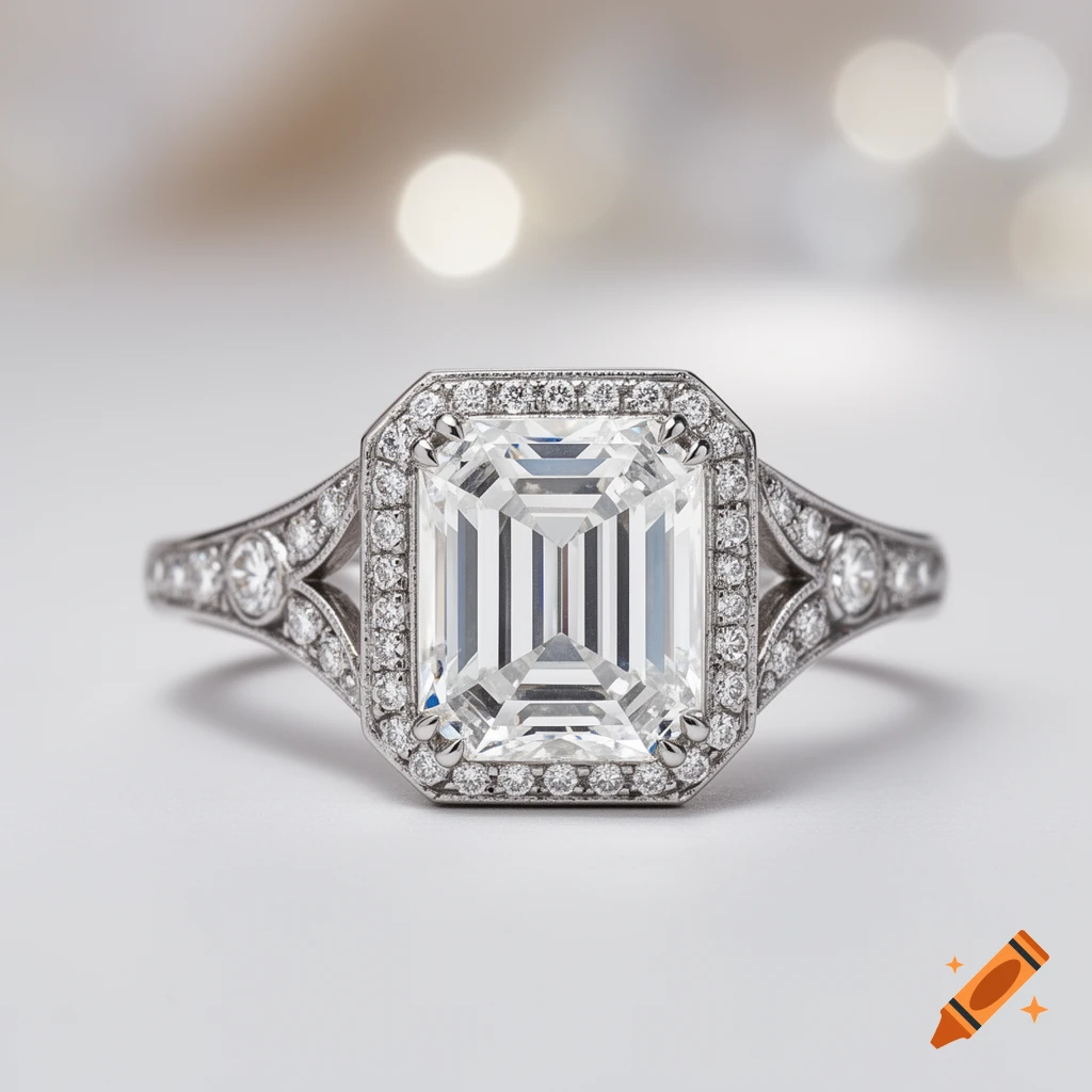Photorealistic vintage-inspired emerald cut diamond ring with a halo and detailed band, set against a soft bokeh background.