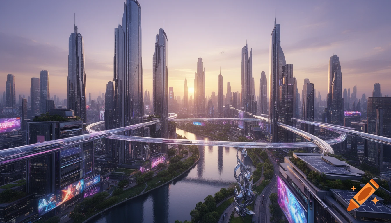 A futuristic cityscape with tall skyscrapers and elevated light-rail tracks over a river at sunrise, with bright digital billboards.