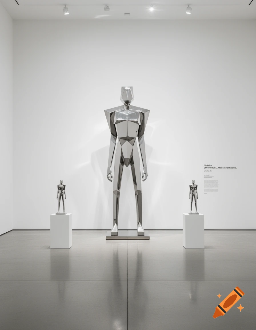 A large, metallic, angular humanoid sculpture stands in a white modern art gallery, flanked by two smaller identical sculptures.