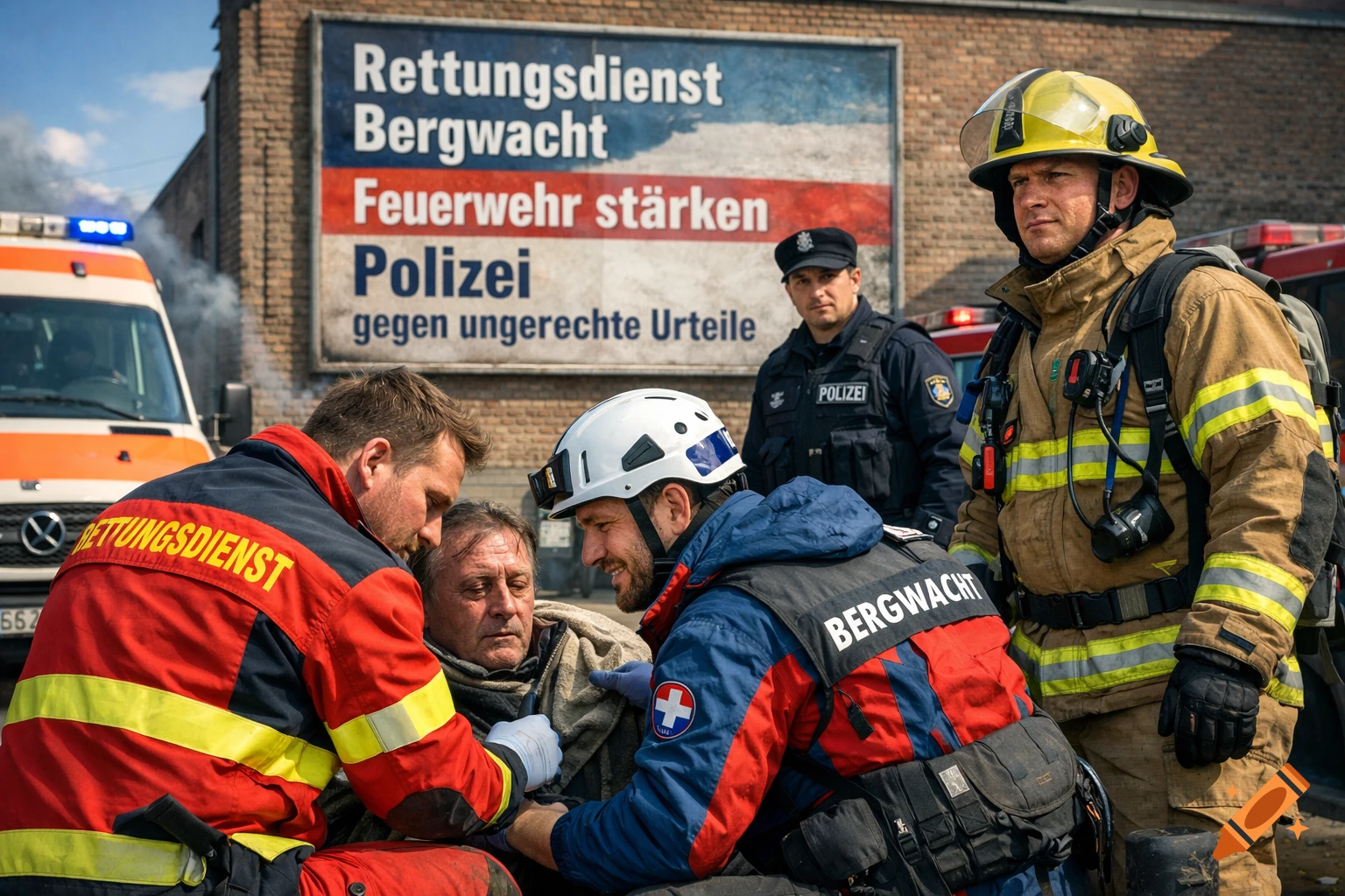 Emergency personnel including paramedics, a firefighter, and a police officer attend to an injured man outdoors, with an ambulance and a large sign with German text in the background.