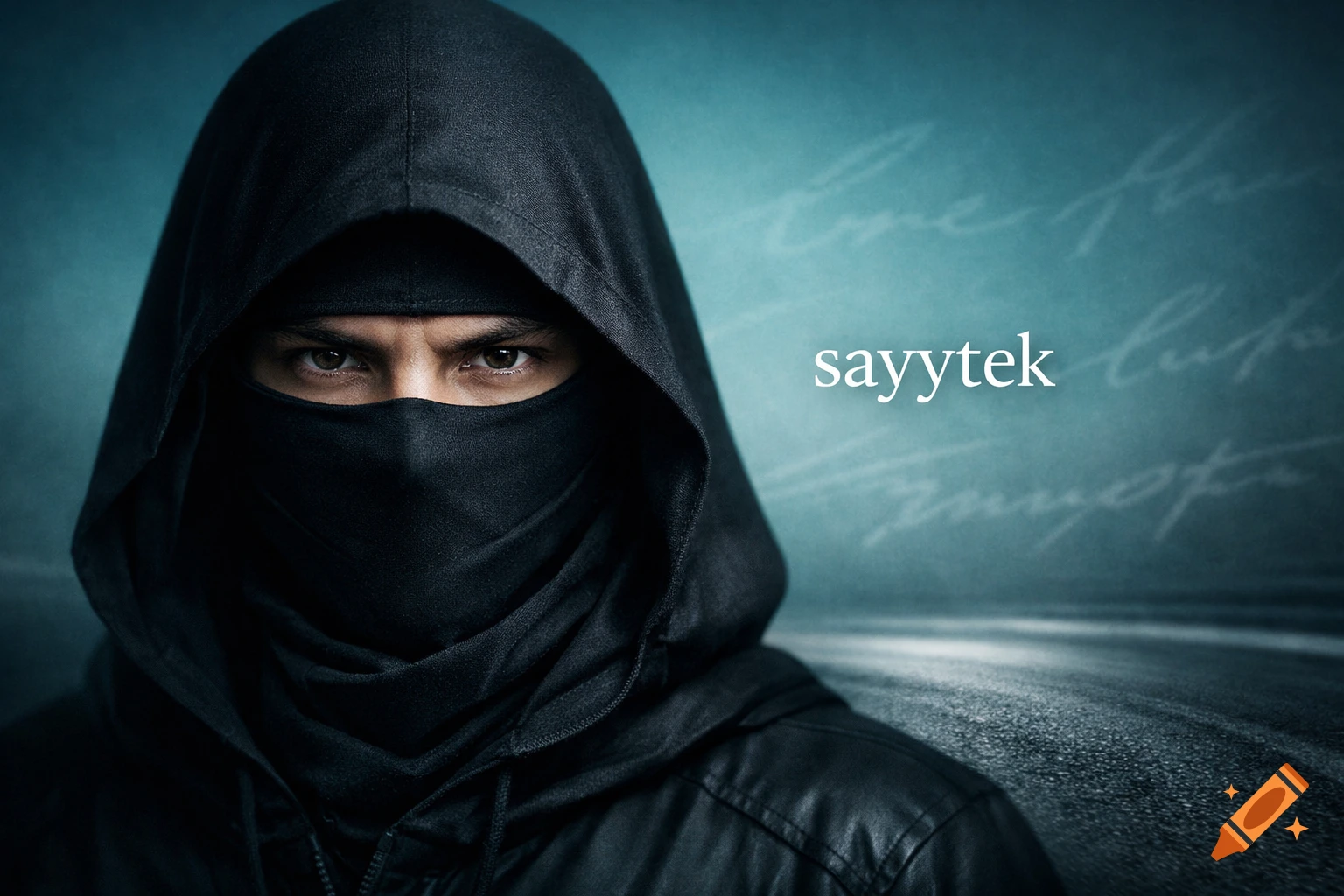 A close-up portrait of a person wearing a black hood and mask, revealing only their intense eyes, with the text "sayytek" on a teal background.