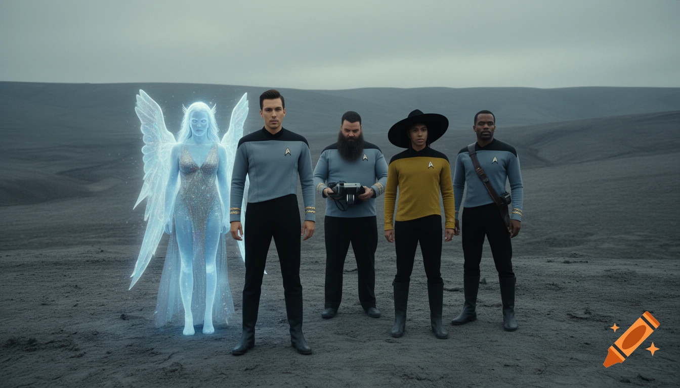 Five figures, including a glowing blue alien angel and four people in Star Trek uniforms, stand on a bleak, gray landscape.