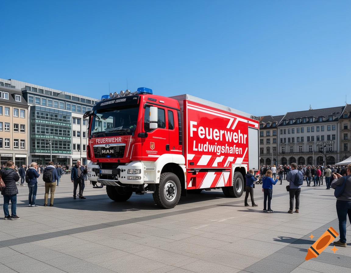 A red and white fire truck with 'Feuerwehr Ludwigshafen' written on its side is parked in a sunny city square filled with people.
