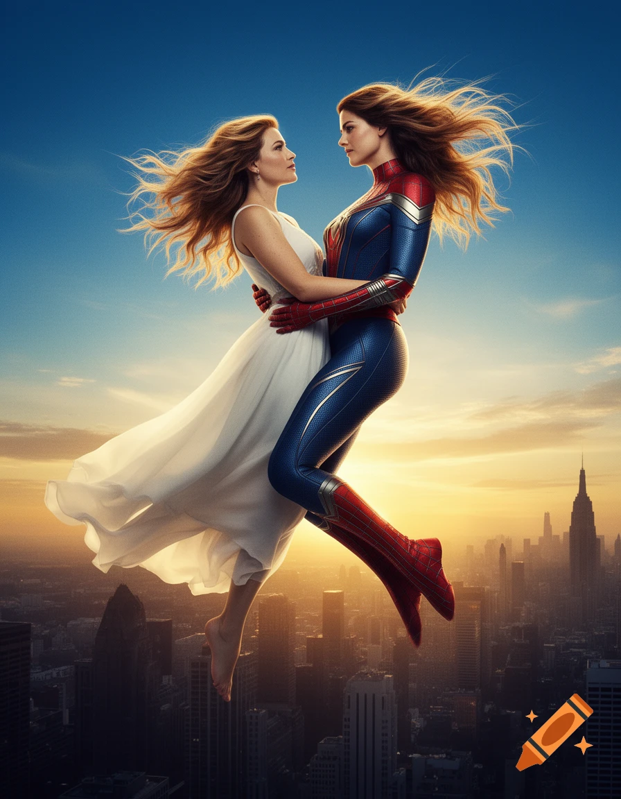 Two women, one in a white dress and one in a superhero suit, embrace while floating above a city at sunset.