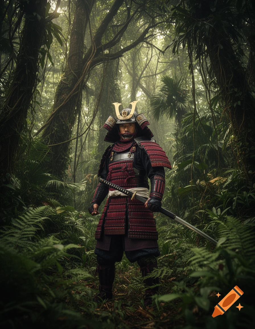 A photorealistic image of a samurai in full armor, holding a katana, standing in a dense, lush jungle.