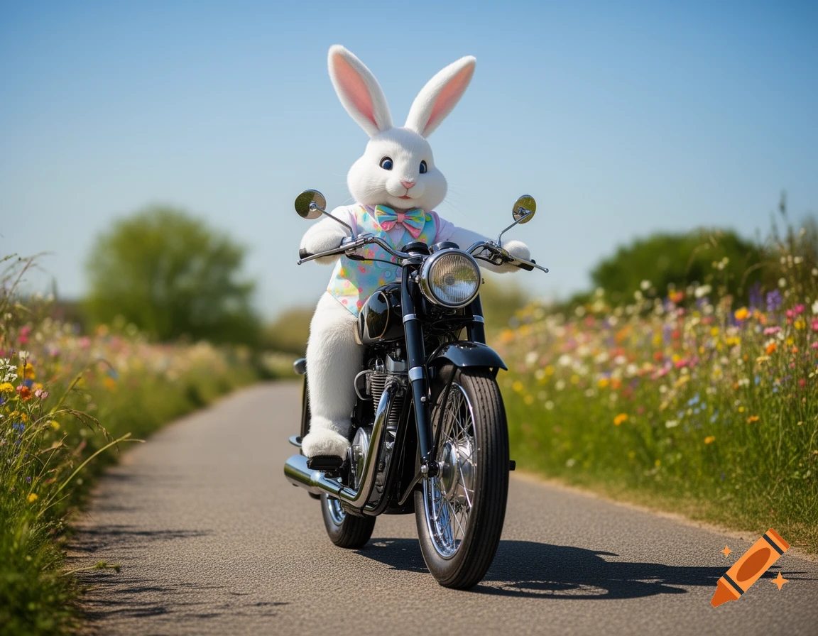 A photorealistic Easter bunny in a pastel vest and bow tie rides a black motorcycle on a road with wildflowers.