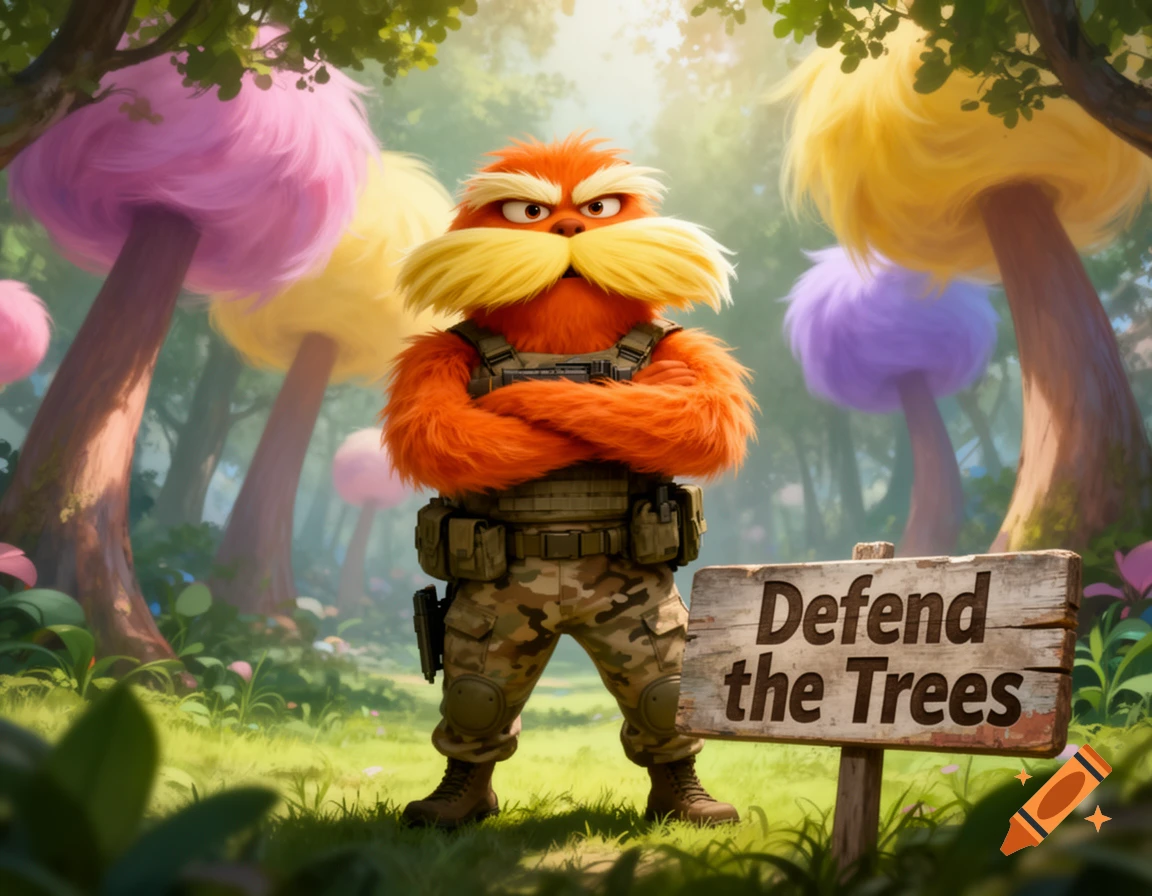 Militant Lorax character in military gear stands in a colorful, fantastical forest next to a sign reading "Defend the Trees".
