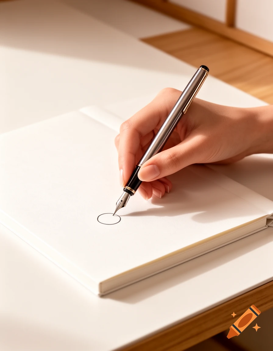 A close-up of a hand holding a fountain pen, drawing a small circle in a white notebook on a clean white desk in soft warm lighting.