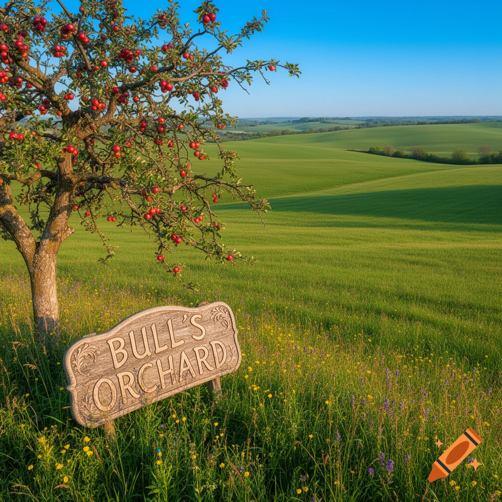 A photorealistic image of an apple tree laden with red fruit in a grassy field, with a wooden sign reading 'BULL'S ORCHARD'.