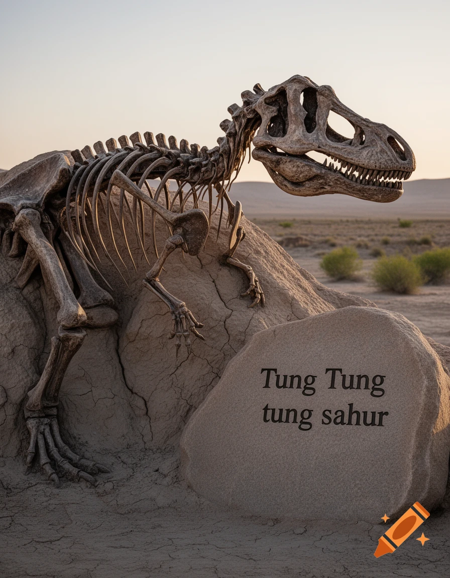 A photorealistic fossilized dinosaur skeleton stands on a sandy mound in a desert landscape with text 'Tung Tung tung sahur' on a rock.