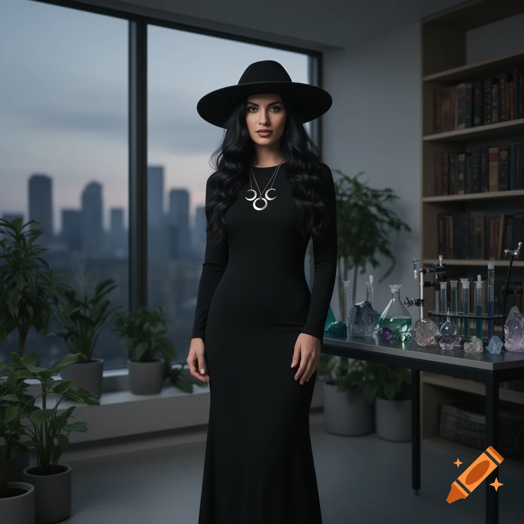 A modern witch in a black dress and hat, wearing moon necklaces, stands in a loft apartment with a city view and alchemy supplies.