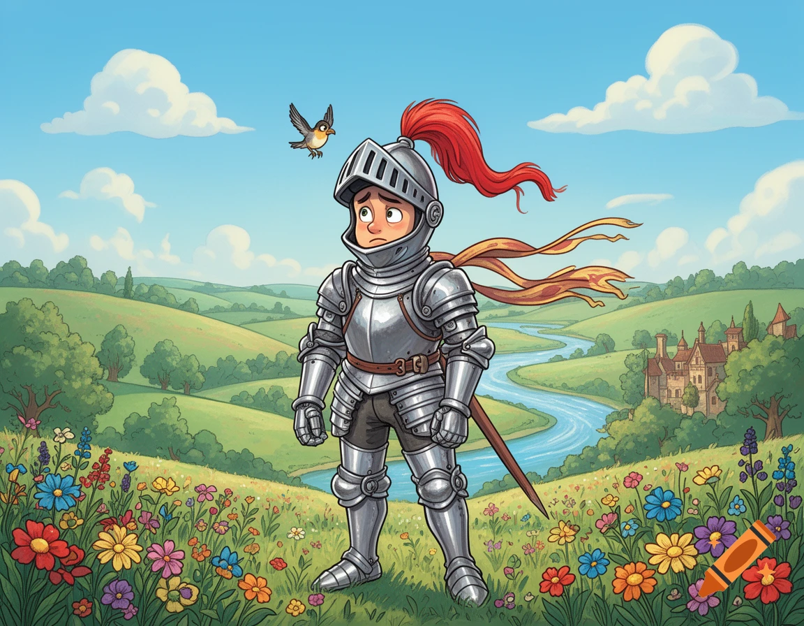 A cartoon knight with a worried expression stands in a field of colorful flowers under a blue sky, with a river and castle in the background.