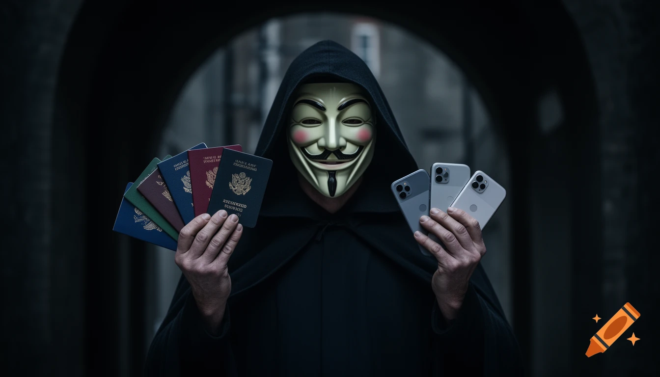 A person in a Guy Fawkes mask and black hooded cloak holds fanned passports in one hand and three smartphones in the other, in a dark, moody setting.