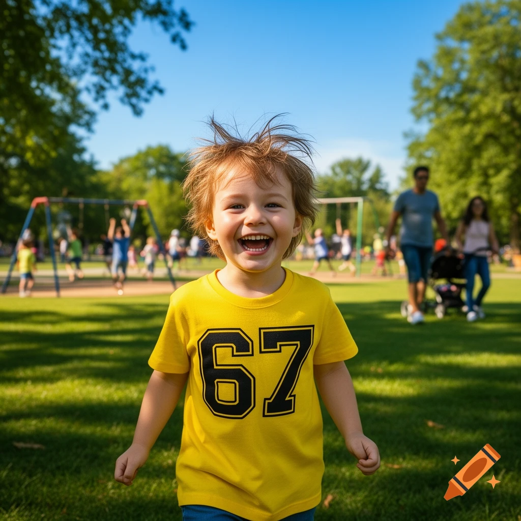 A happy child with messy red hair laughs while running forward in a sunny park, wearing a yellow shirt with '67.