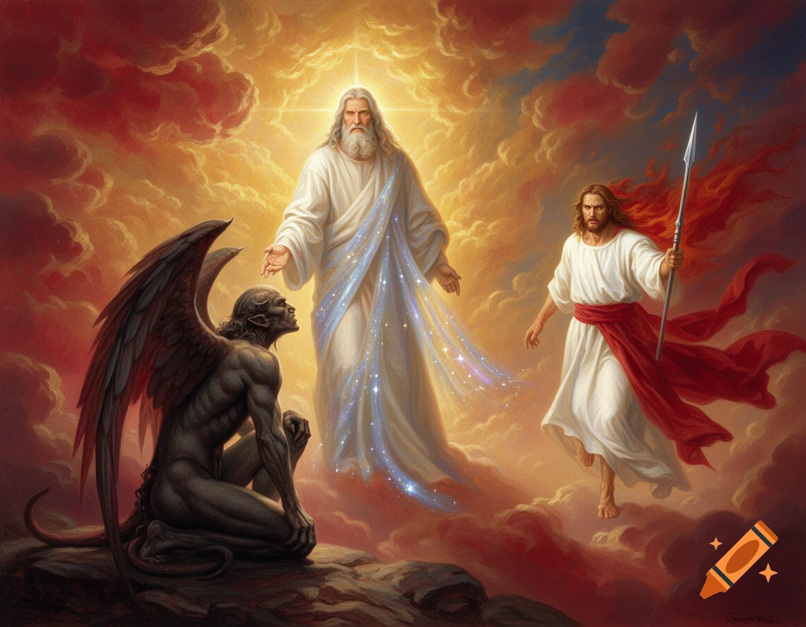 Strangling God Realistic painting of God the Father protecting a kneeling Satan from a ...
