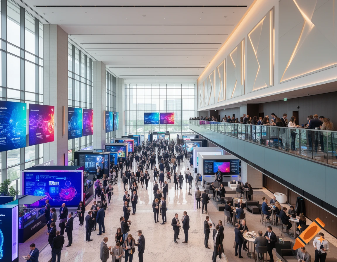 A busy modern convention center hall with many attendees, large glowing display screens, and a mezzanine balcony overhead.