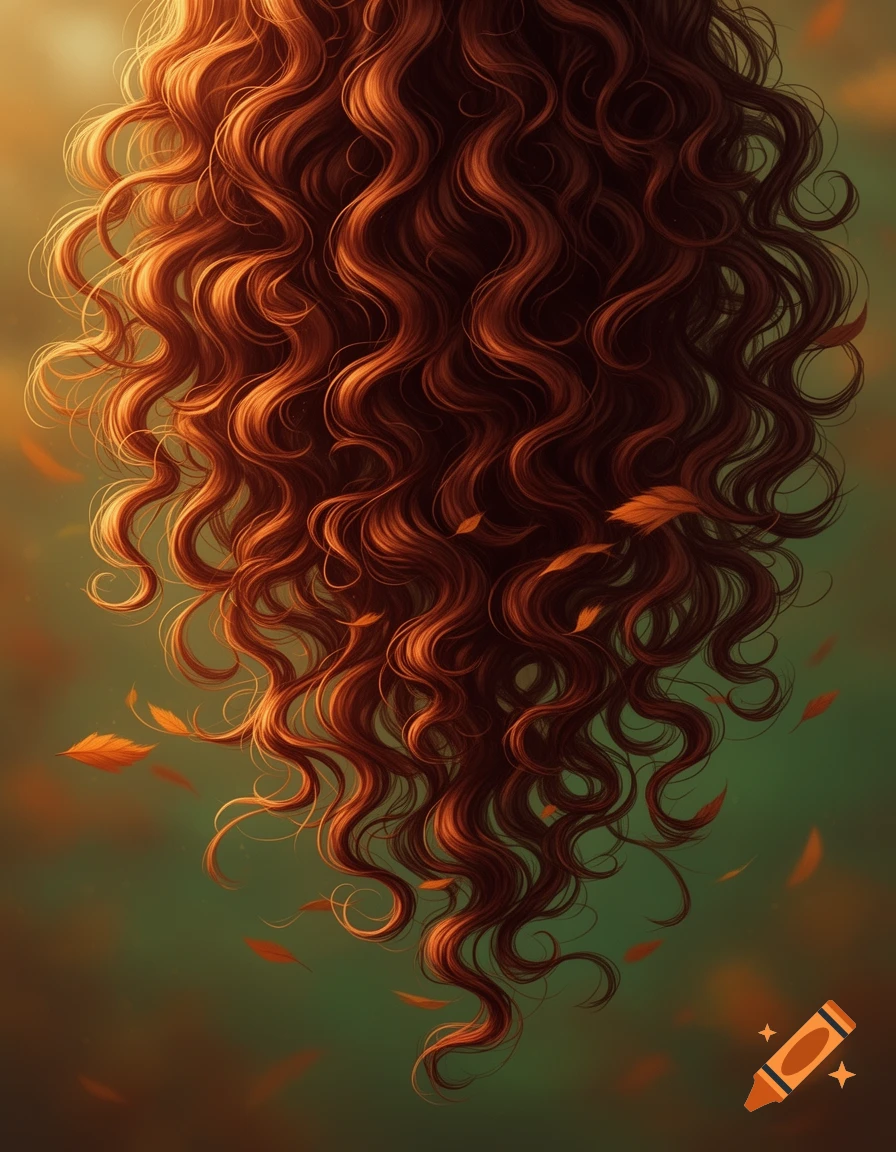 A mass of flowing, reddish-brown curly hair with scattered orange leaves, against a softly lit green background.