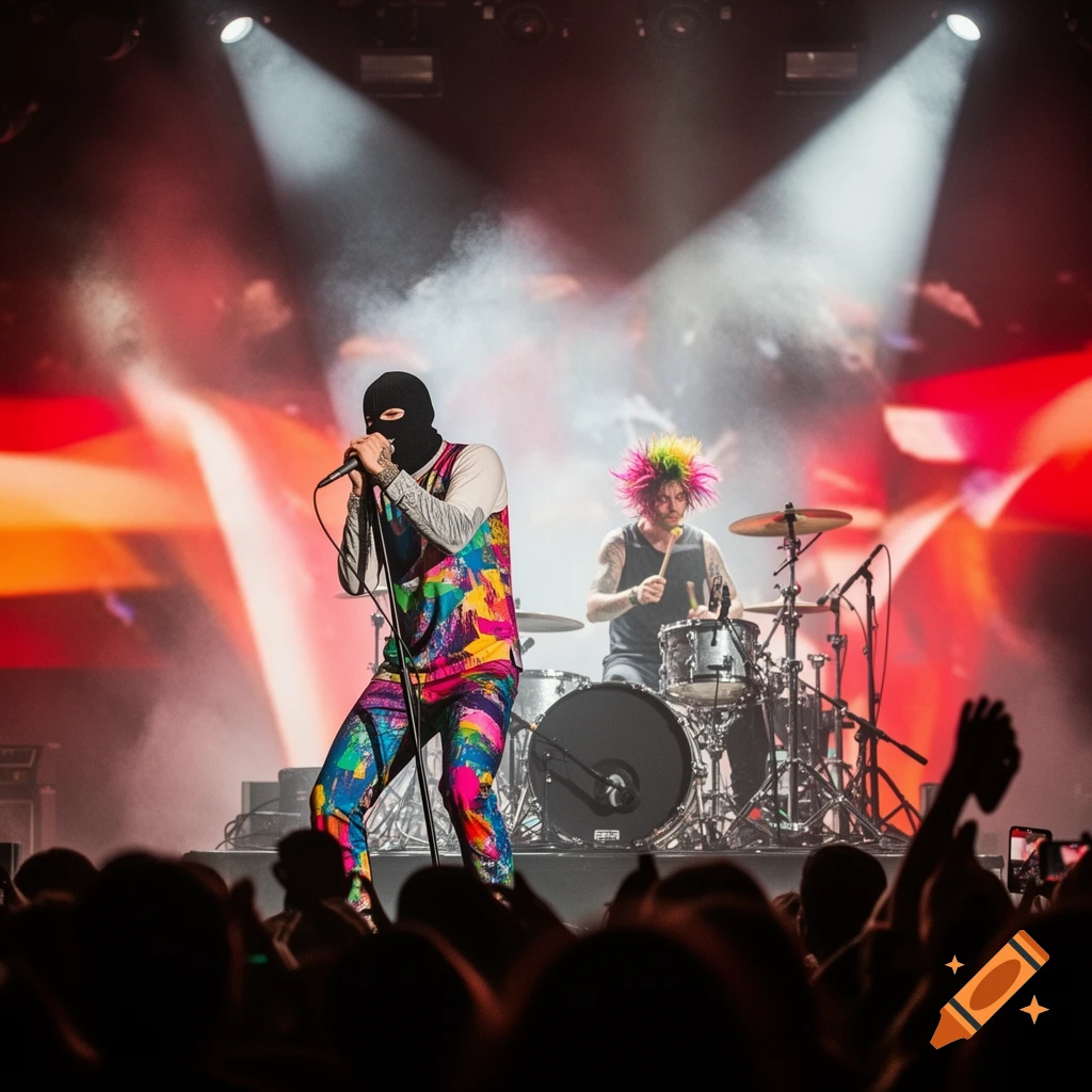 A band performs on stage; the masked singer in a colorful suit sings, while the drummer with vibrant spiked hair plays behind him.