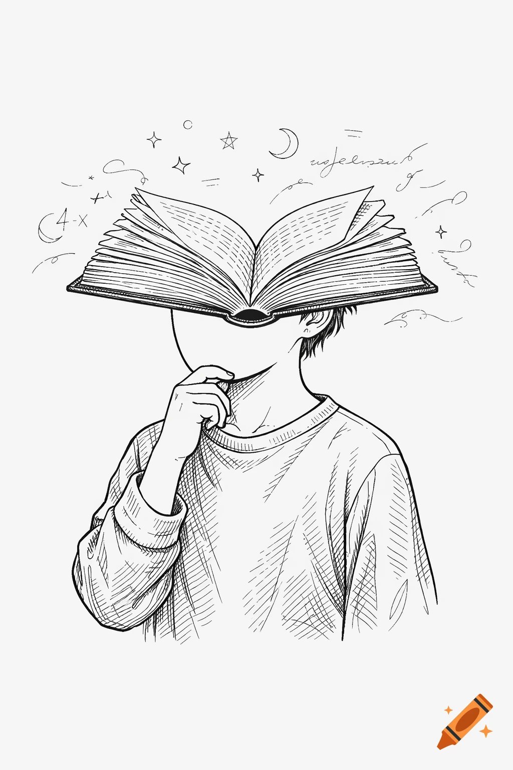 Line drawing of a faceless person with an open book as a head, thinking, with symbols floating above.