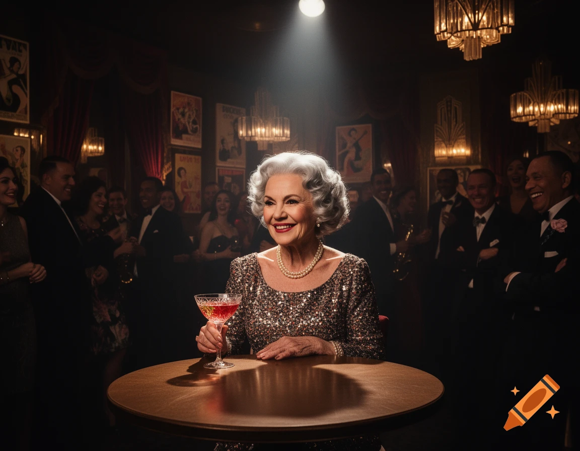 An elegant older woman in a sequined dress smiles, holding a cocktail at a table in a dimly lit, glamorous club with people in the background.
