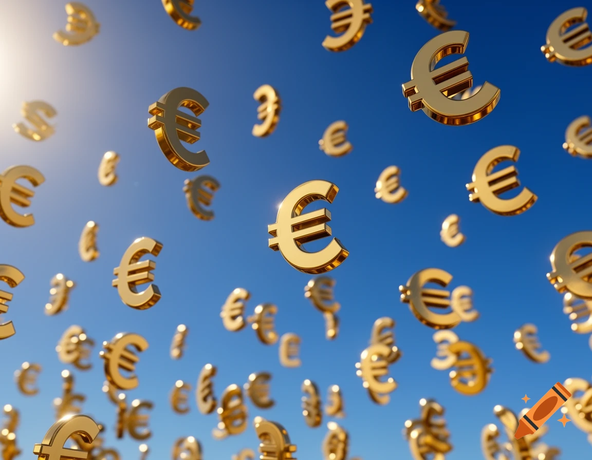 Hundreds of shiny gold euro signs float against a bright blue sky with sun glare.