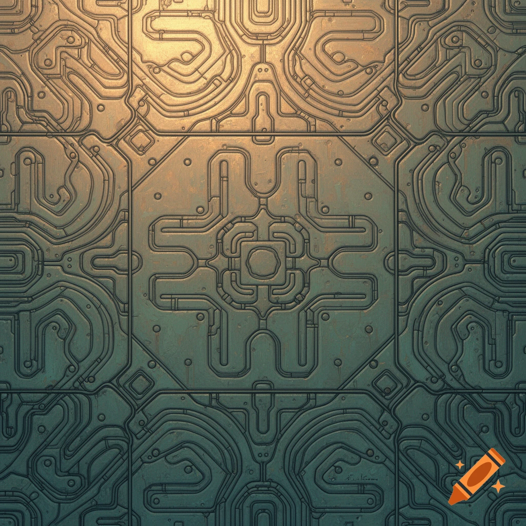 A metallic industrial sci-fi floor tile pattern with intricate circuits and glowing golden light, in the style of Moebius.