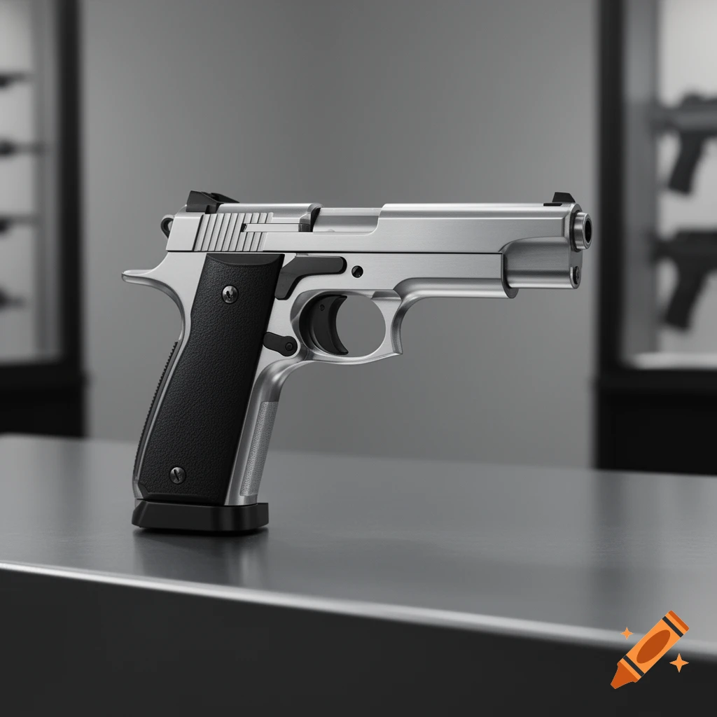 A shiny silver pistol with a black textured grip rests on a dark, reflective surface, with blurry gun displays in the background.