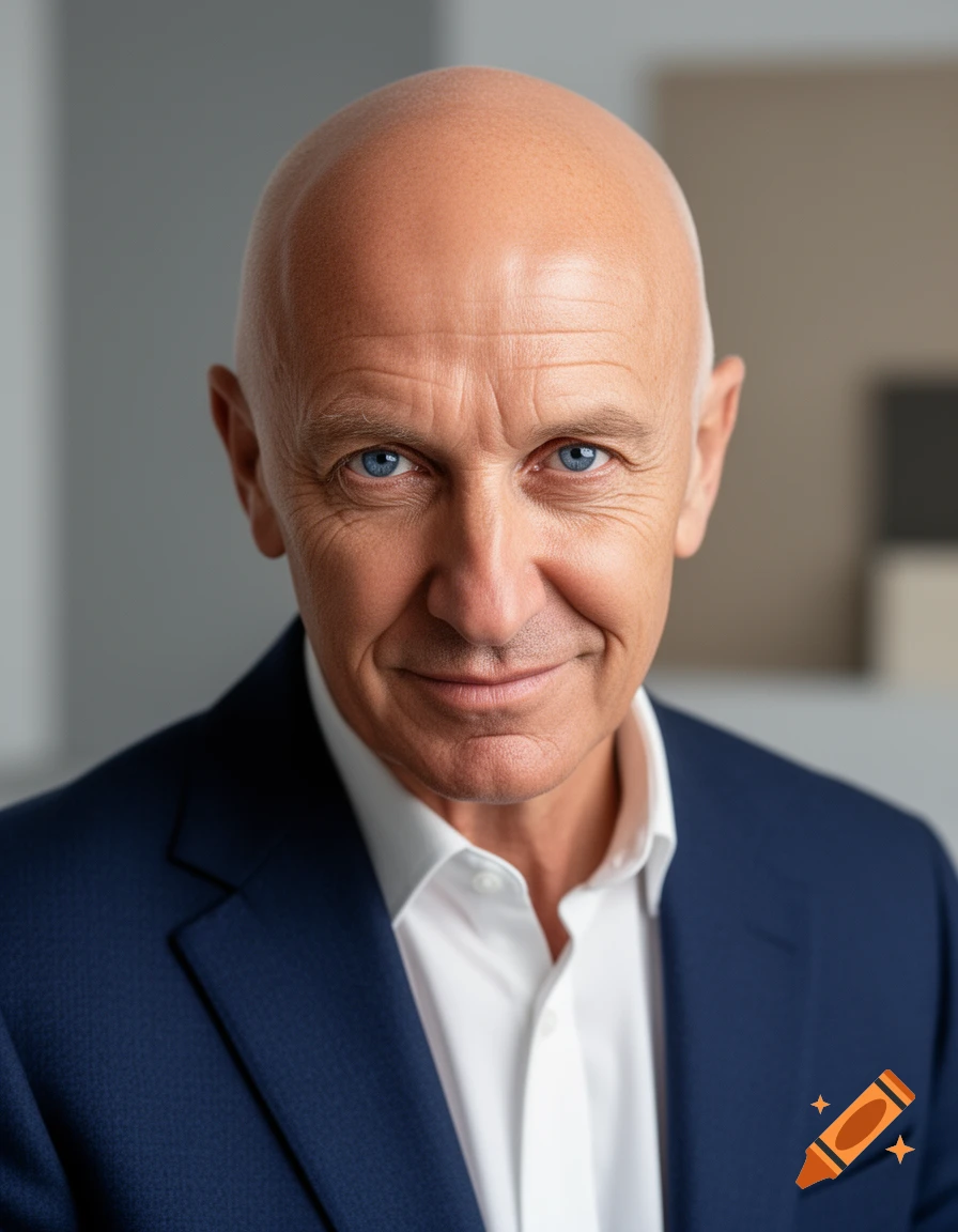 A close-up photorealistic portrait of a smiling bald man with blue eyes, wearing a white shirt and navy suit jacket.
