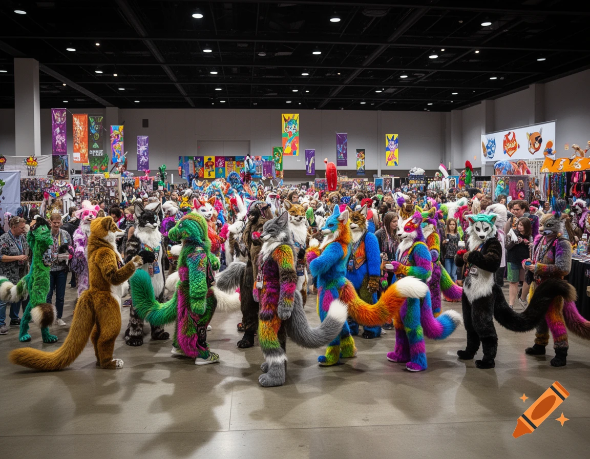 A large crowd of people in colorful furry costumes with big tails gathered at a convention.