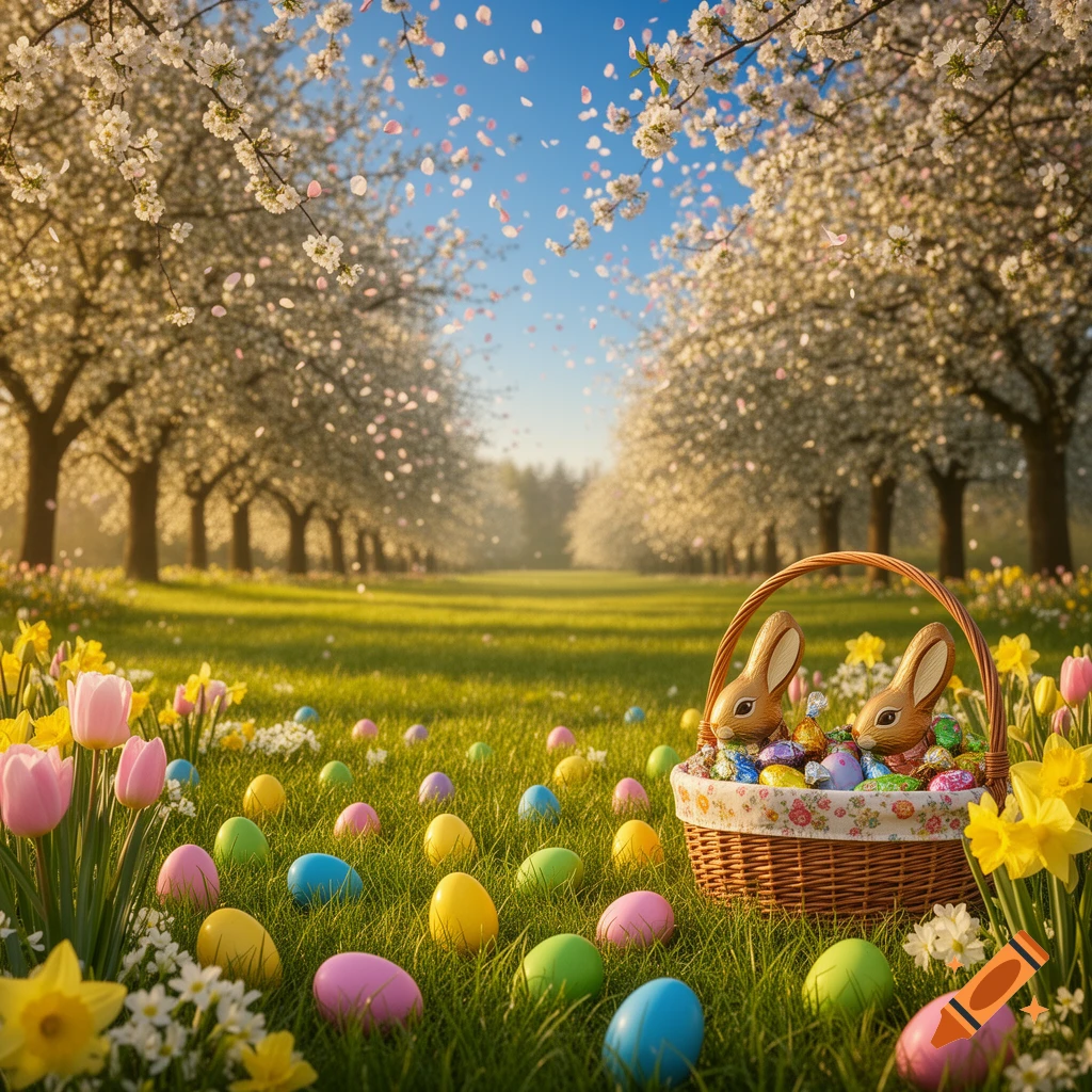 Photorealistic Easter scene: colorful eggs and chocolate bunnies in a basket amid spring flowers in a grassy field.