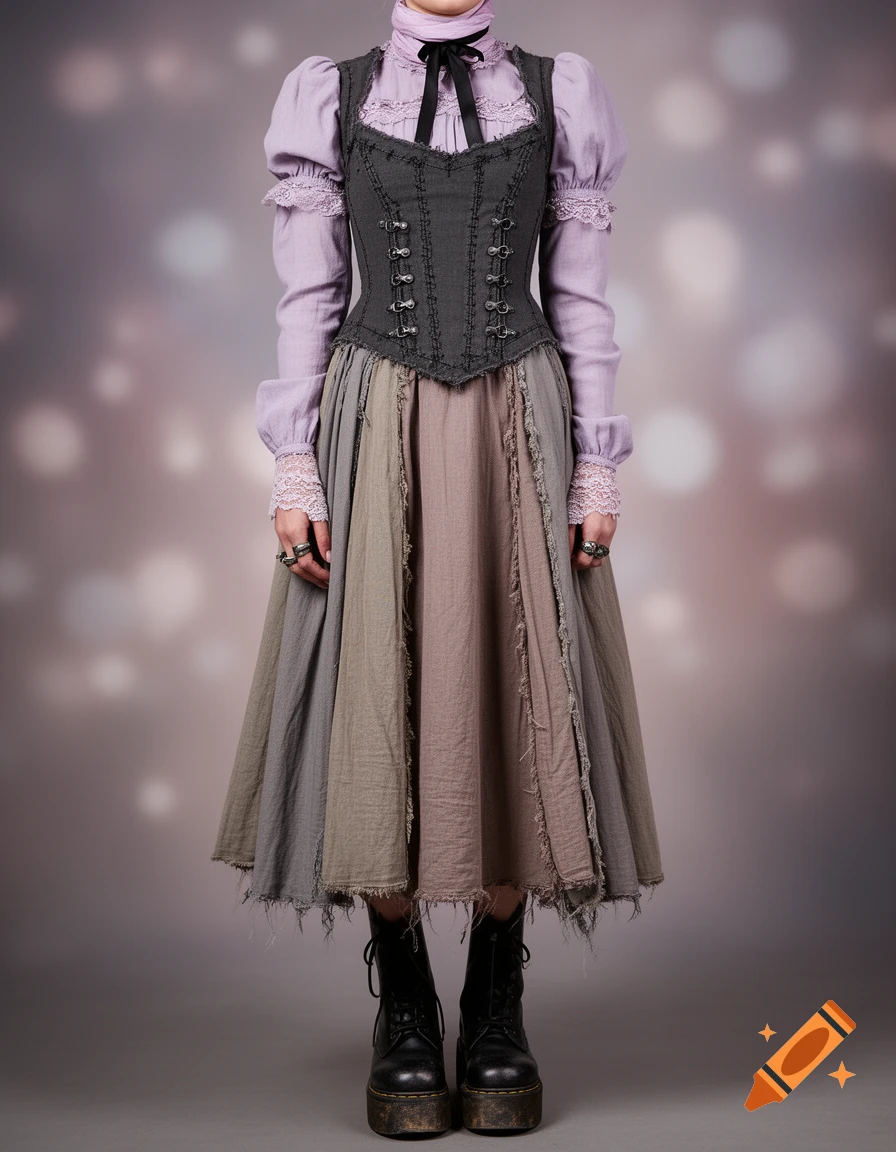A person wears a gothic-inspired outfit: a lavender blouse, dark grey corset vest, layered muted skirt, and chunky black platform boots.