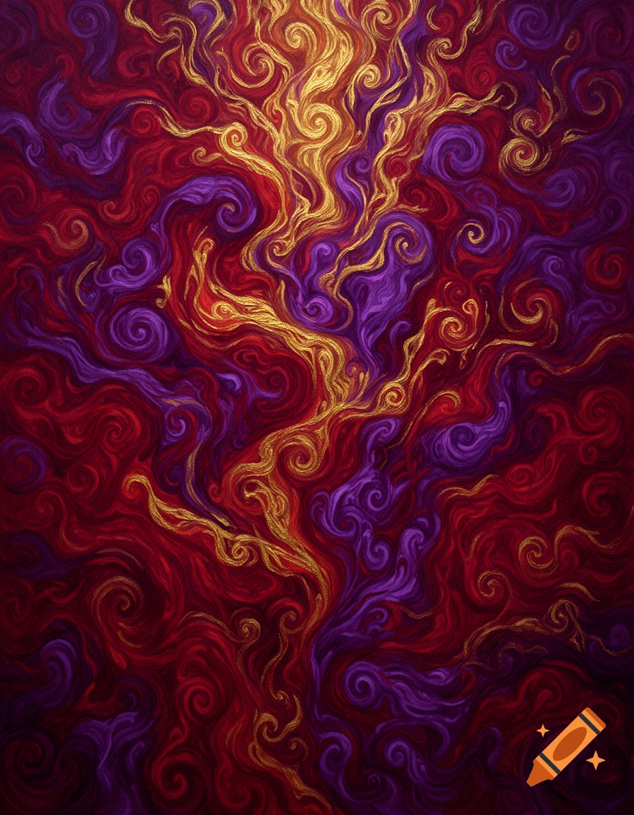 An abstract pattern of red, purple, and gold swirls creating an intricate, flowing design.