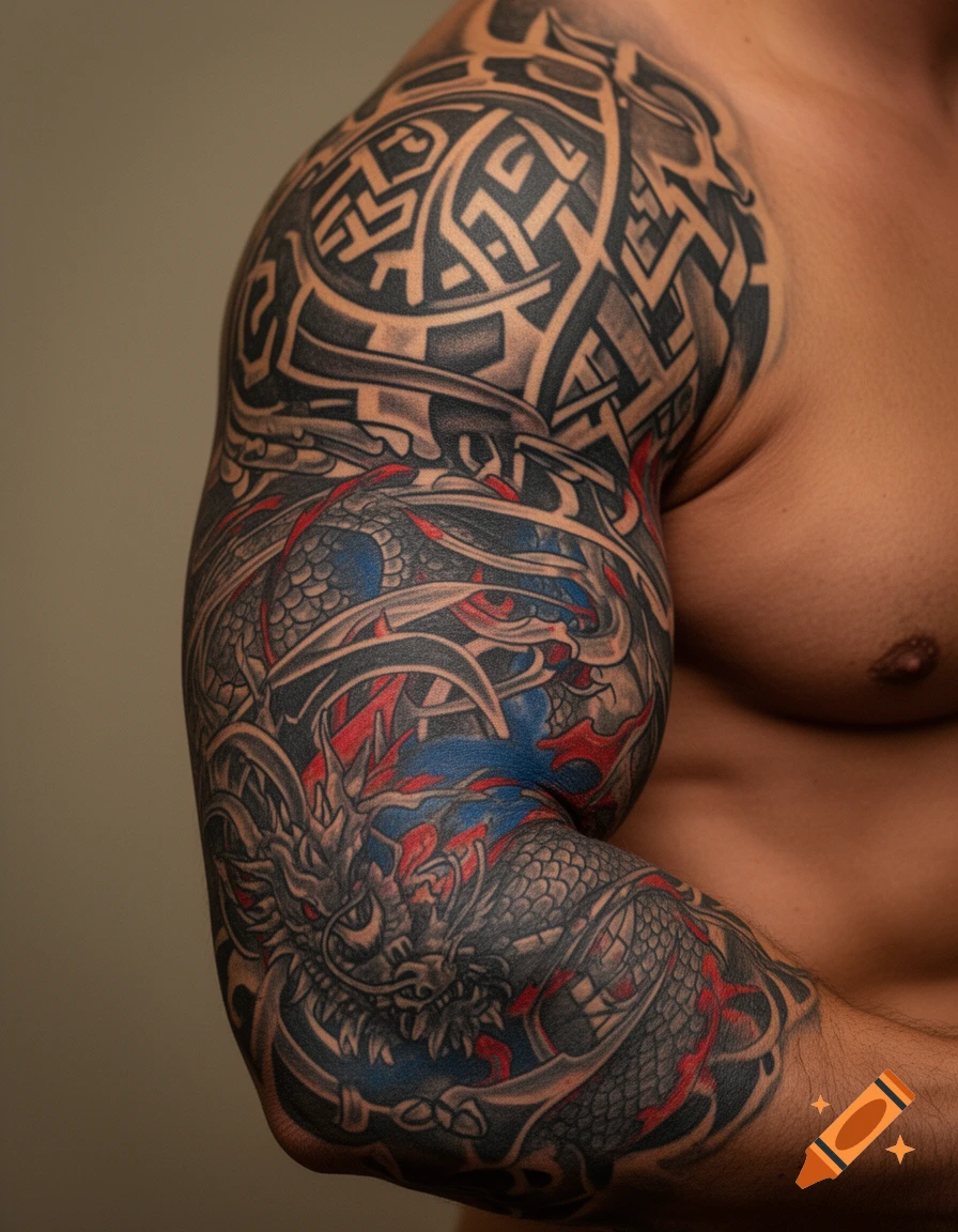 Close-up of a man's arm with a detailed sleeve tattoo featuring a dragon, red and blue accents, and tribal patterns.