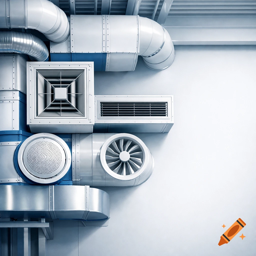 An ultra-realistic, high-detail industrial HVAC air distribution system with white and blue ducts and diffusers against a plain wall.