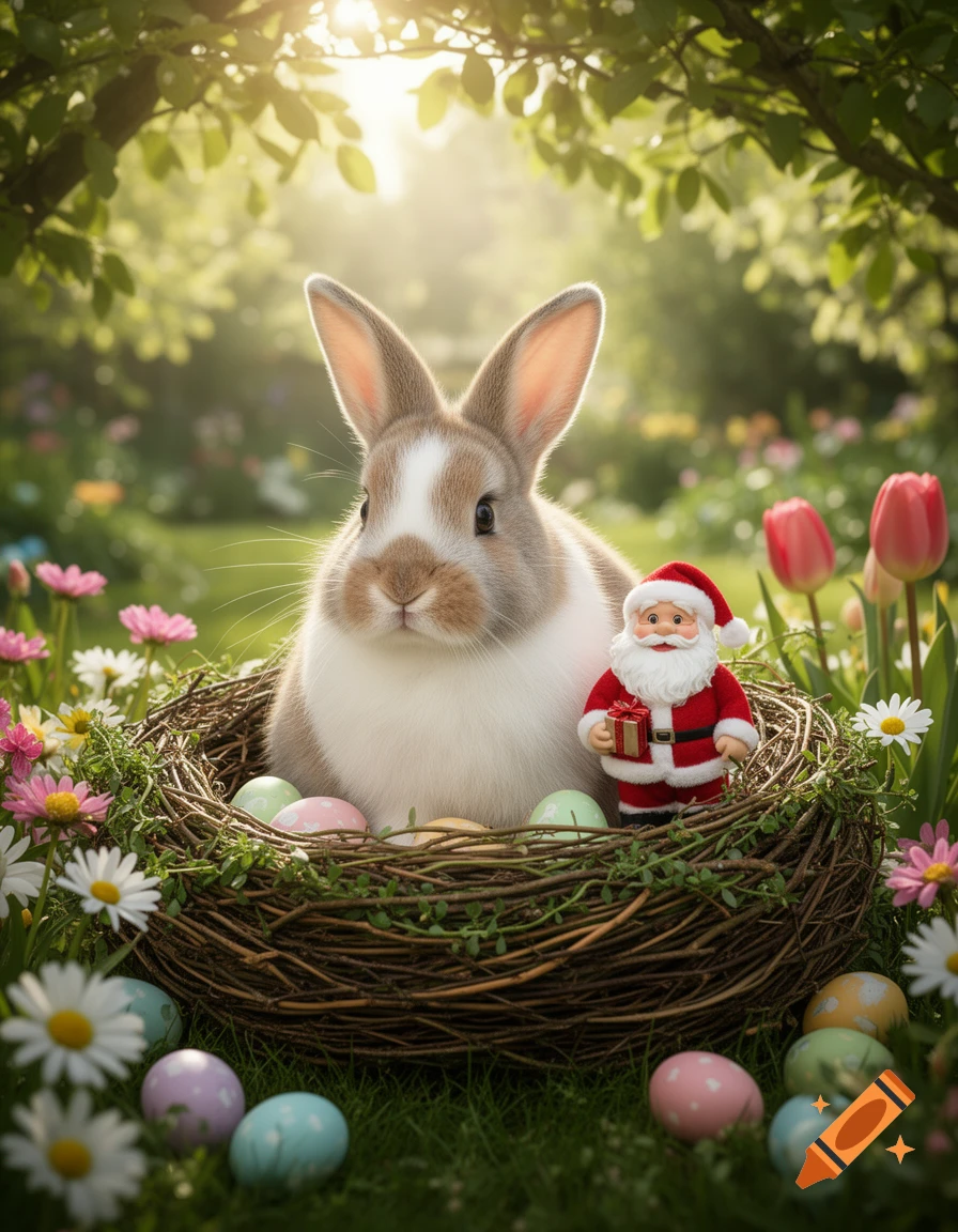 A photorealistic fluffy brown and white bunny sits in a nest with pastel Easter eggs and a Santa Claus figurine in a sunlit garden.