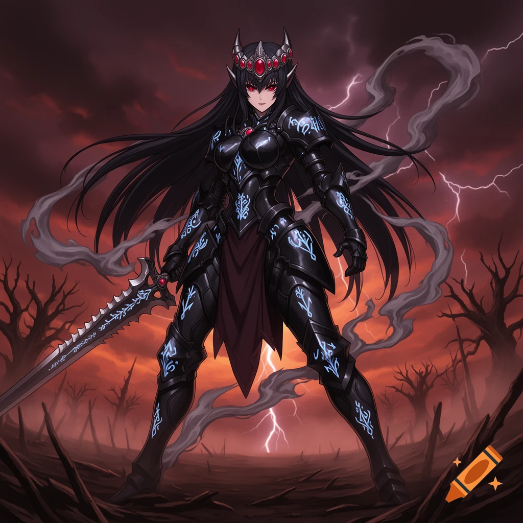 An anime female knight in black armor with glowing blue symbols, holding a sword, stands in a desolate, stormy landscape with lightning.