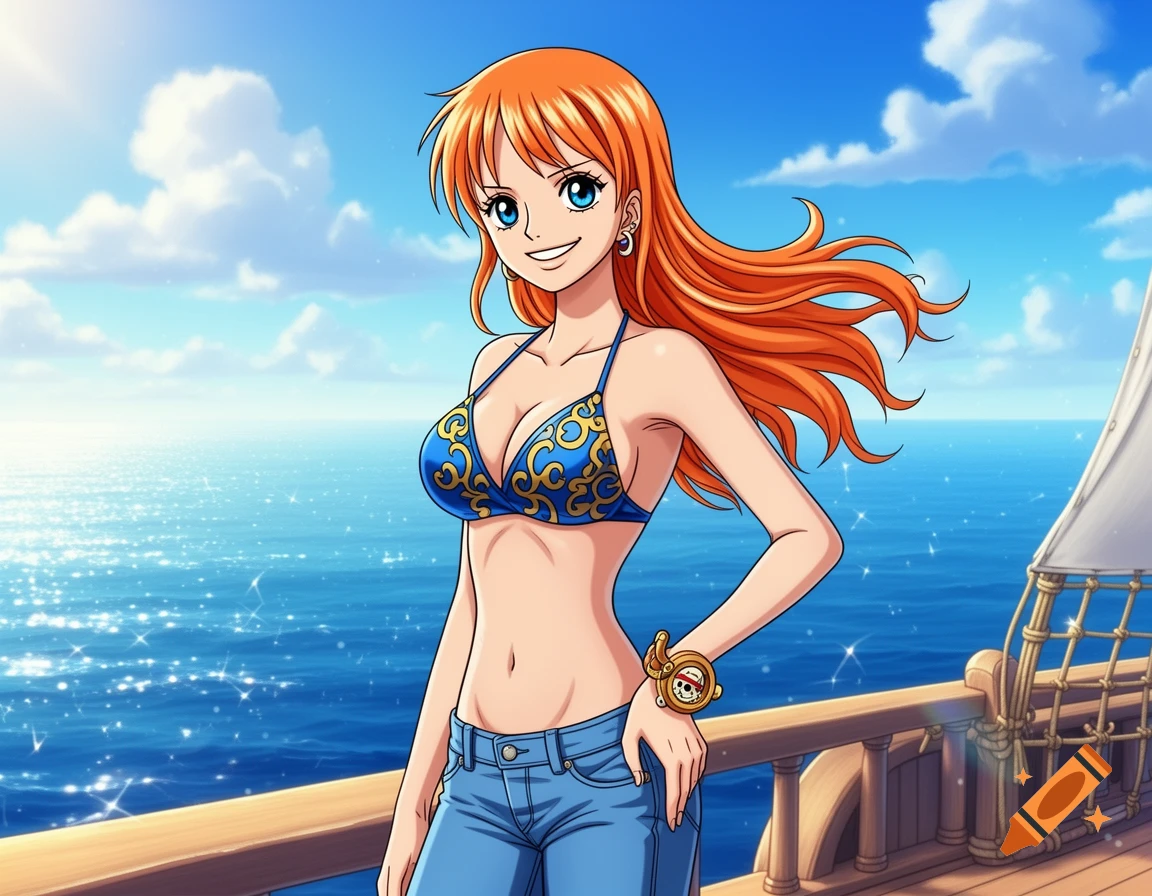 An anime girl with long orange hair and blue eyes, wearing a blue bikini top and jeans, smiles on a ship at sea.