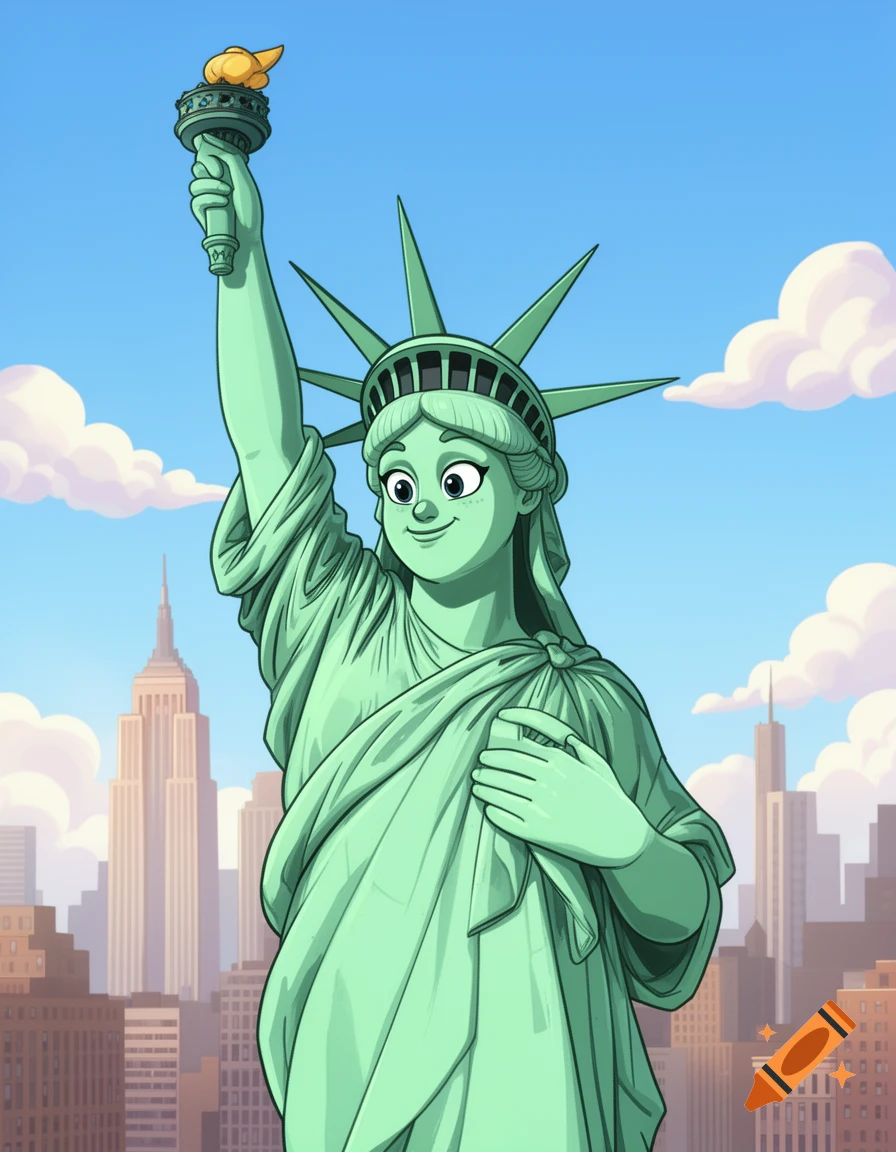 A cartoon Statue of Liberty holds a torch and her chest, with a cityscape in the background under a blue sky.