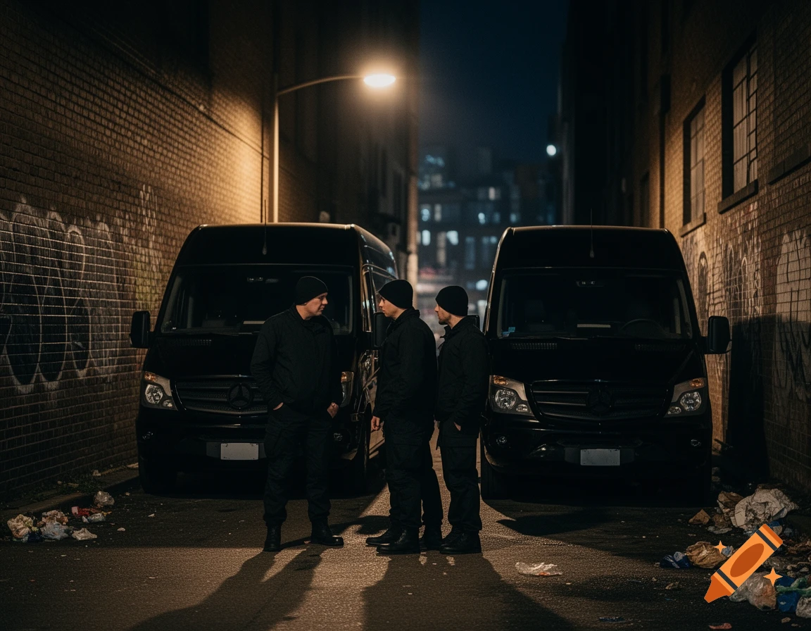 Three men in dark clothes talking between two black vans in a dimly lit alley with graffiti and trash at night.