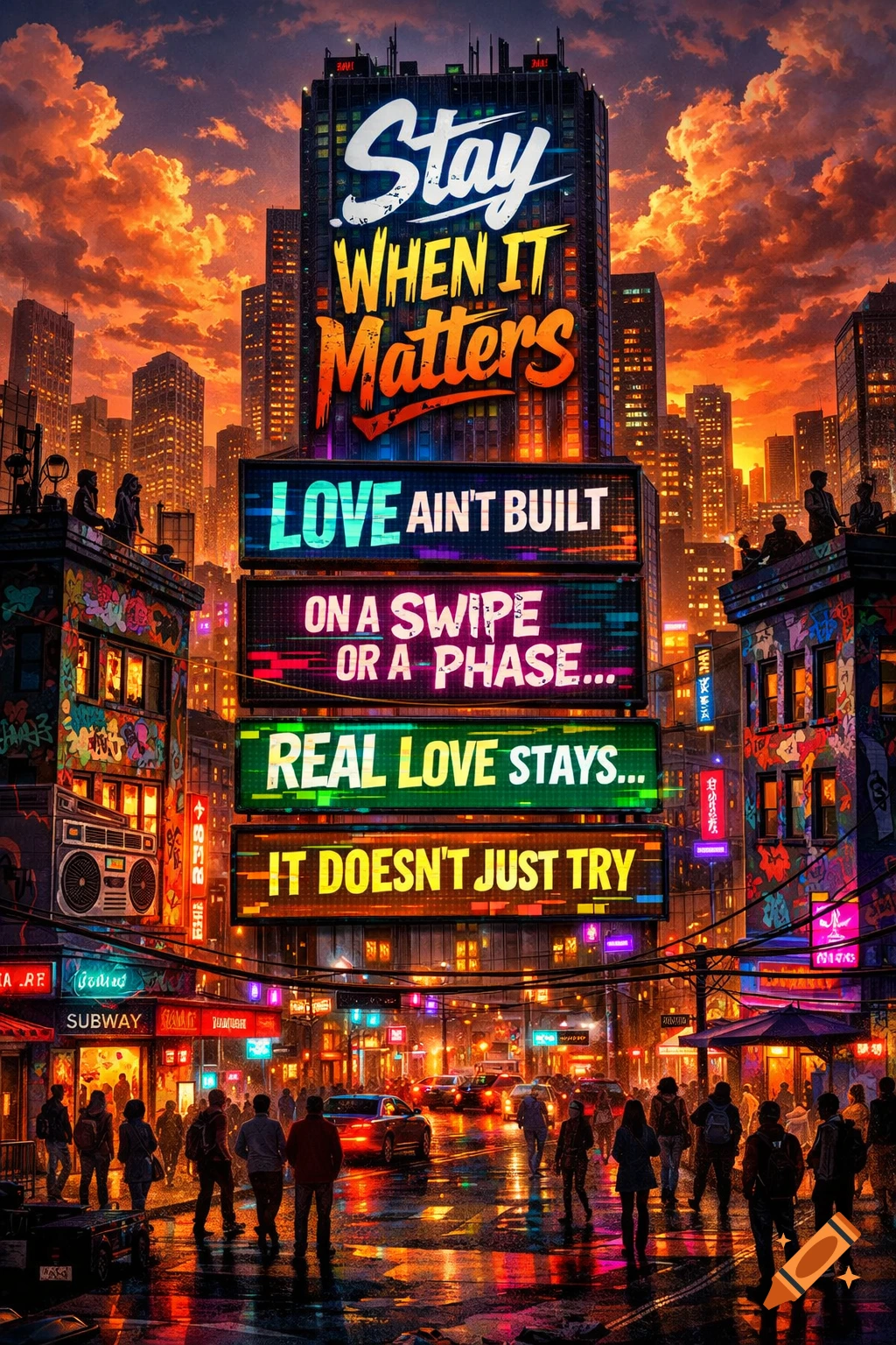 A vibrant, neon-lit cityscape at night with large signs displaying text about love, surrounded by people and cars on wet streets.