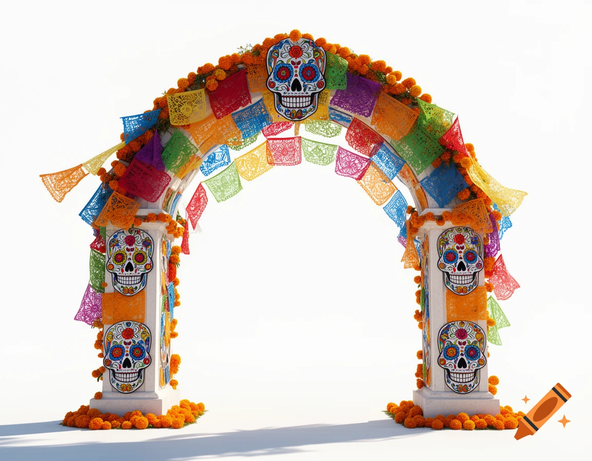 A colorful giant arch decorated with vibrant papel picado, sugar skulls, and marigolds for Day of the Dead against a white background.