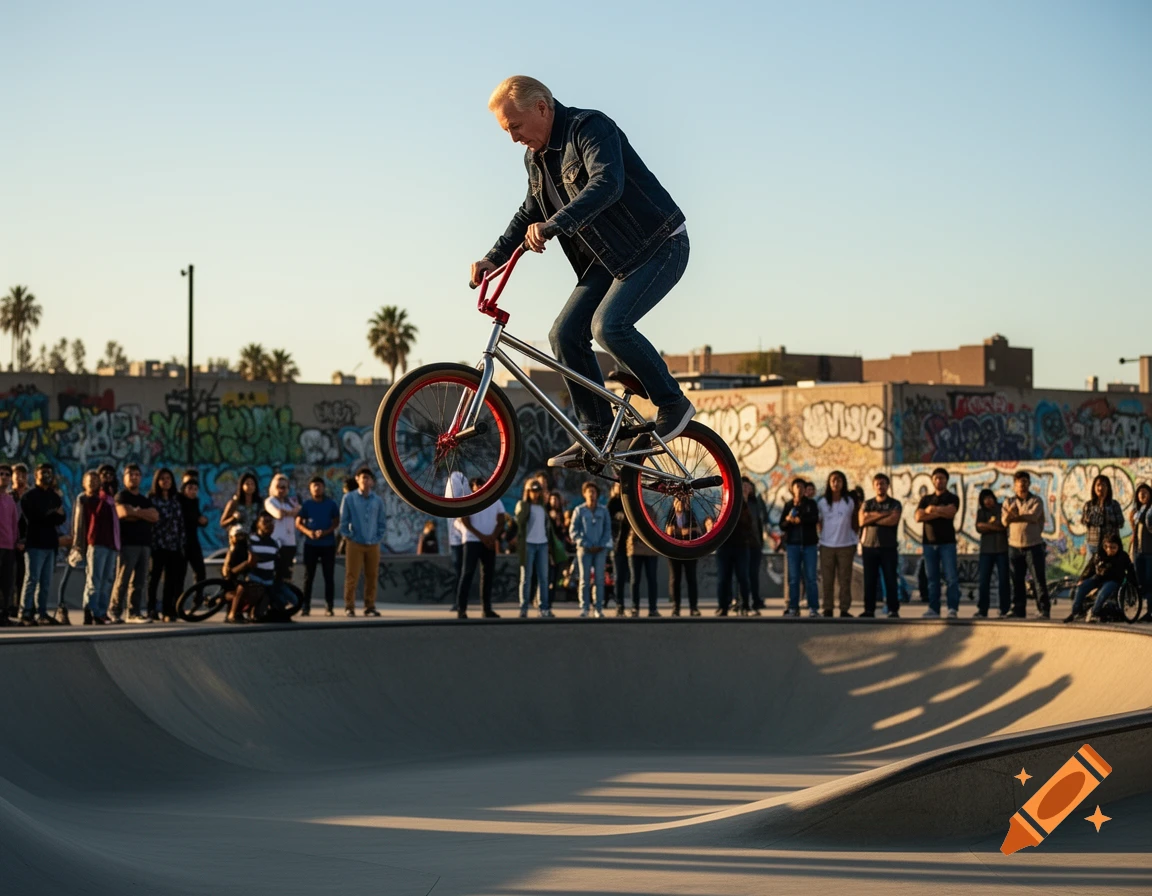 An older man in a denim jacket and jeans rides a BMX bike high in the air above a concrete skatepark, with a crowd watching in the background.