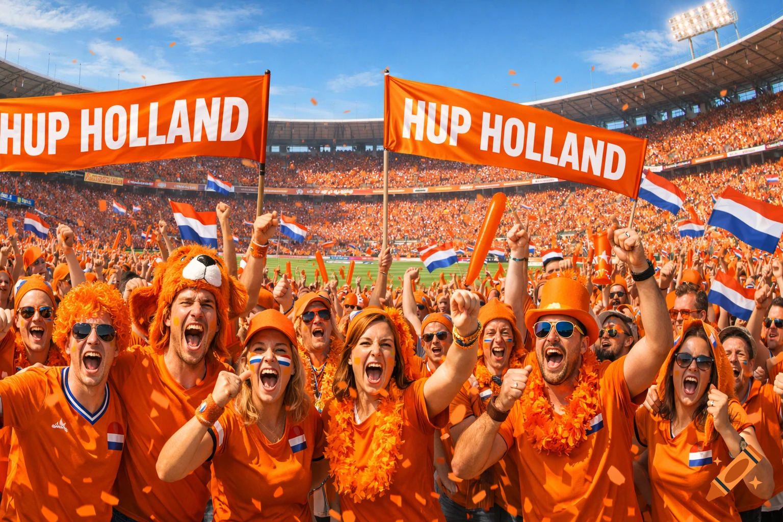 Vibrant Dutch football fans in orange cheer in a stadium, holding 'HUP HOLLAND' banners and flags.