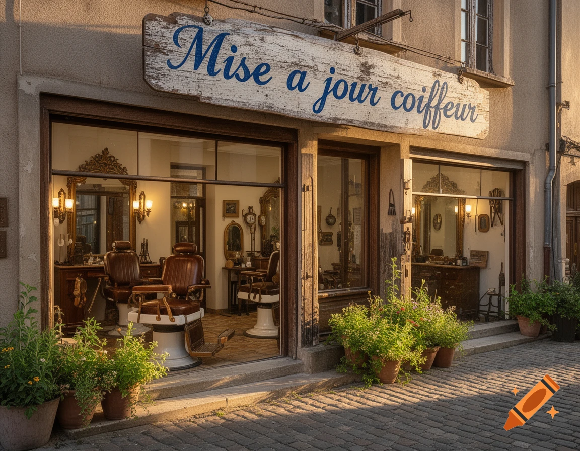 A charming, vintage barber shop facade with a sign reading 'Mise a jour coiffeur', potted plants, and warm sunlight.