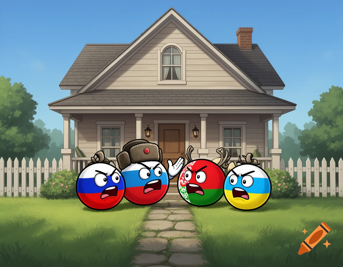 Cartoon image of four angry countryballs, representing Russia, Belarus, and Ukraine, some with hats and antlers, arguing in front of a house.