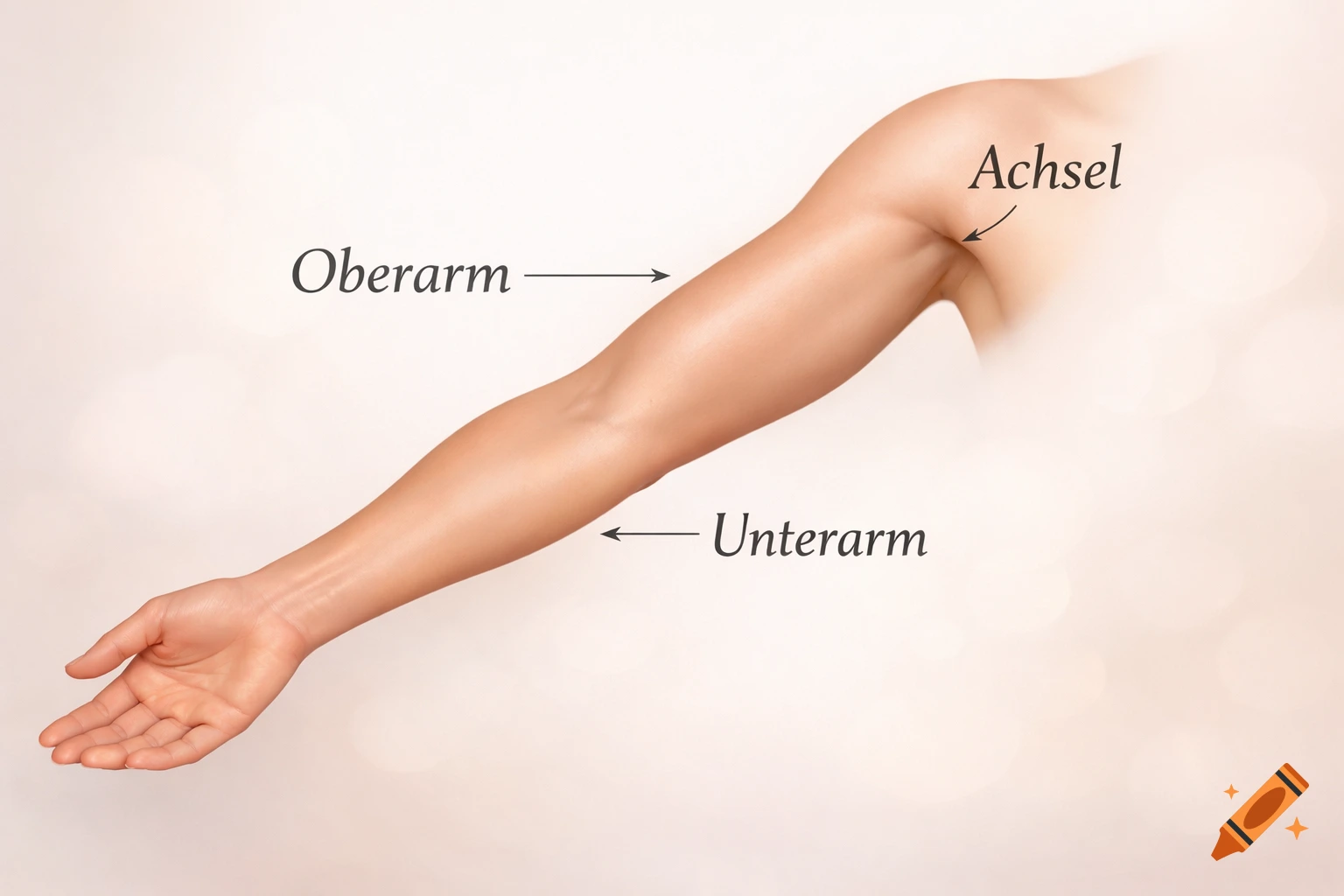 Photorealistic image of a human arm with German labels for Oberarm (upper arm), Unterarm (forearm), and Achsel (armpit).