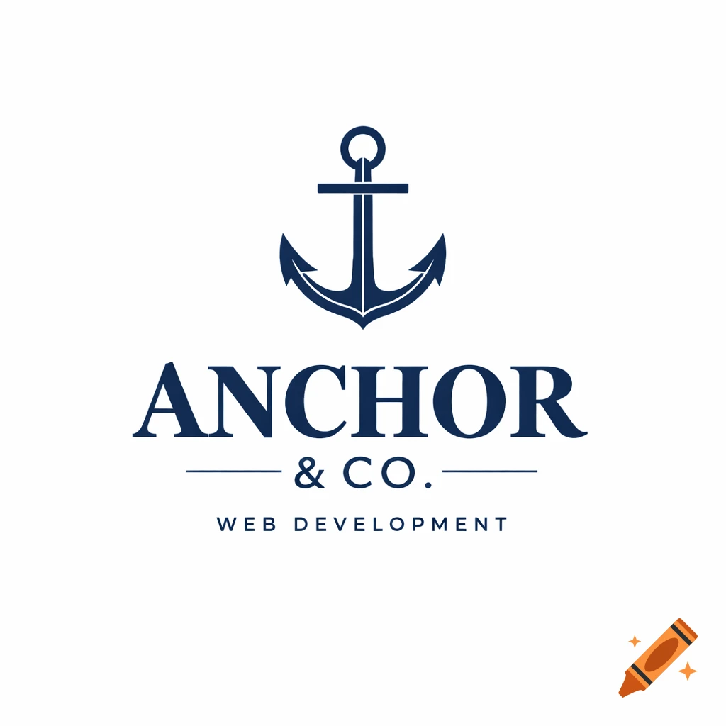 A minimalist professional logo with a dark blue anchor above the text 'ANCHOR & CO.' and 'WEB DEVELOPMENT' on a white background.