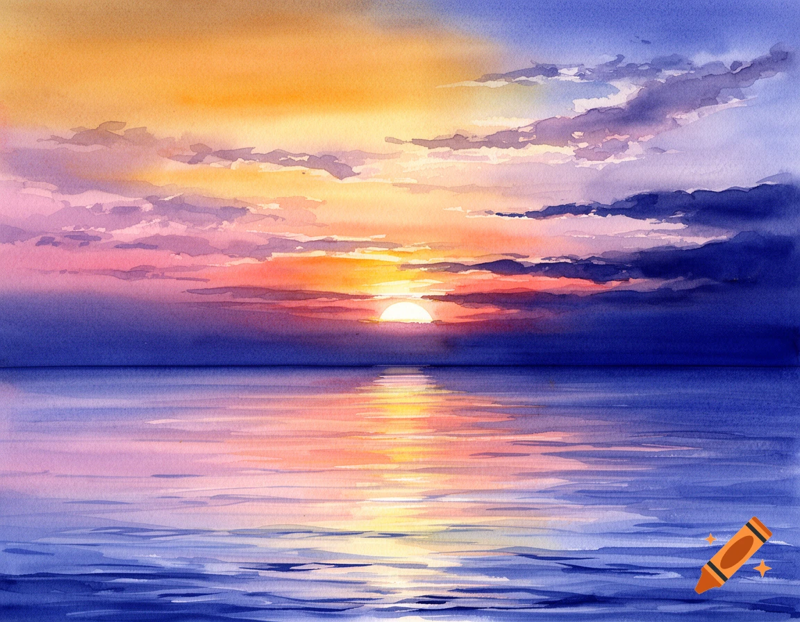 A vibrant watercolor painting of a sunset over the ocean, with warm orange and pink hues in the sky reflecting on the water.