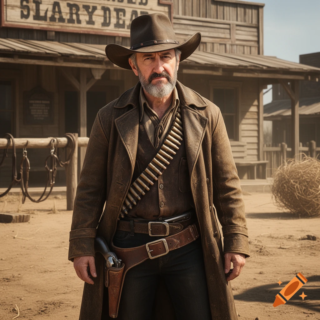 A photorealistic image of a grizzled cowboy with a beard and hat, wearing a long coat and bullet belt, standing in a dusty Western town.